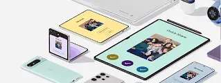 Mehrere Android-Geräte, darunter ein Flip-Phone, eine Smartwatch, ein Fernseher, ein Smartphone und ein Tablet