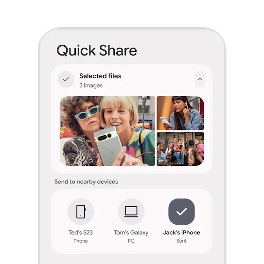 Eine Android-Oberfläche mit Optionen für Quick Share. In einer Bildergalerie können Fotos ausgewählt werden. Darunter werden Geräte in der Nähe angezeigt. Eines davon ist ausgewählt, um Bilder damit zu teilen.